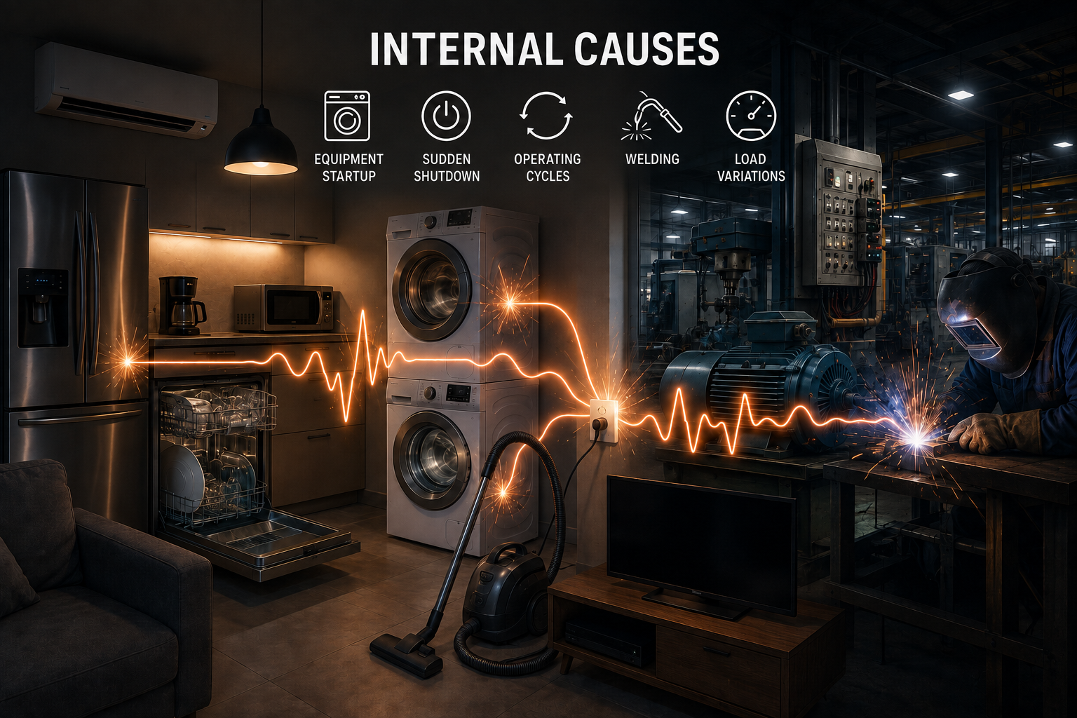 Internal causes of power surges in equipment